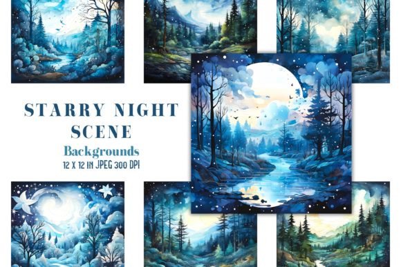 12 Starry Night Watercolor Backgrounds