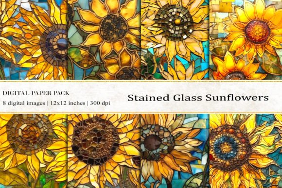 Sunflowers Stained Glass Digital Papers for Creative Projects