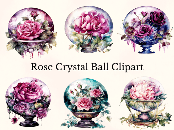 Watercolor Rose Crystal Ball Clipart for Creative Projects